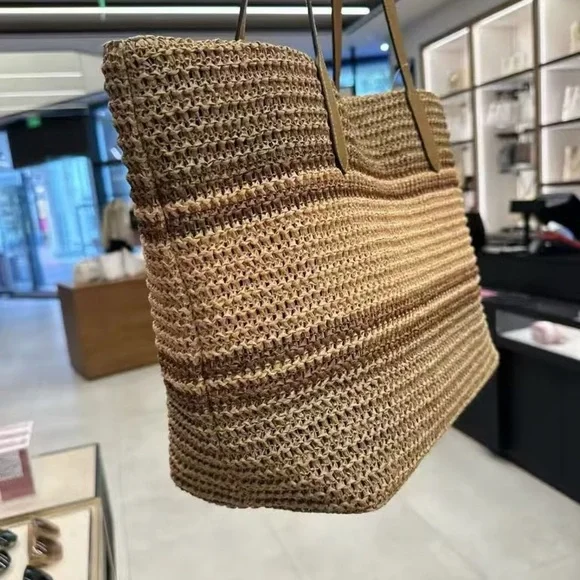 NWT COACH Straw and smooth leather City Tote Bag CBG87 Im/Honey Brown Multi - Picture 3 of 6